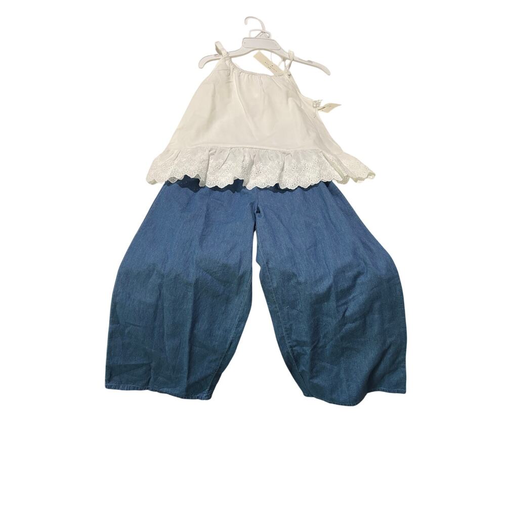 Max Studio kids 7/8 denim jean palazzo wide leg pants white multi strap tank nwt